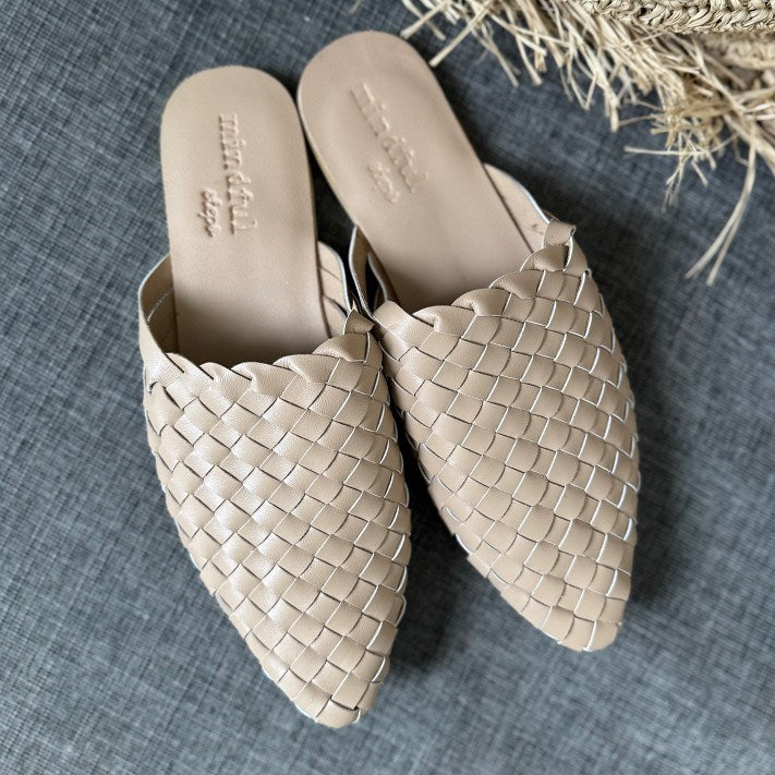 Woven Mules Beige Vegan Leather Shoes Women Mindful Steps Boutique