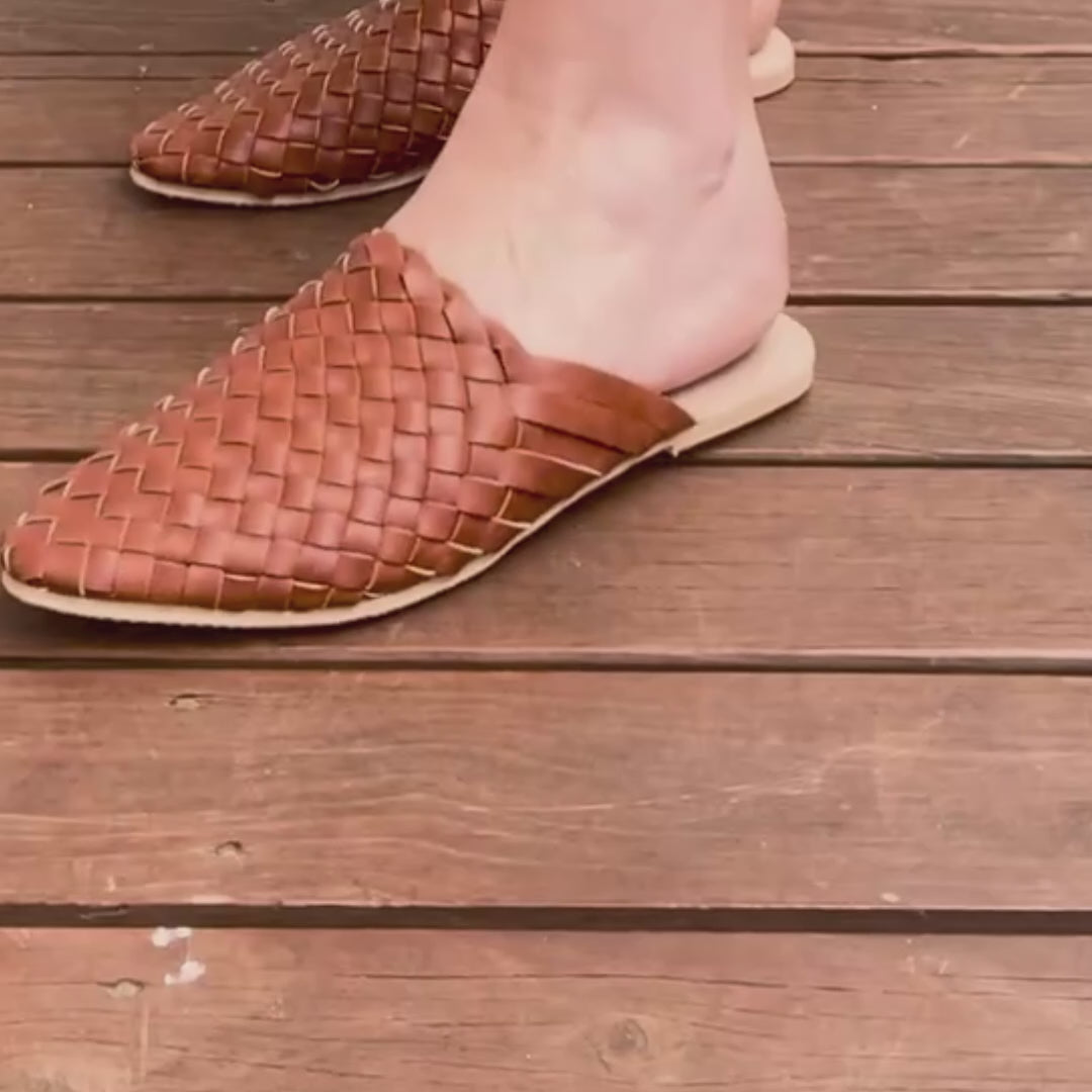 Brown woven cheap leather mules