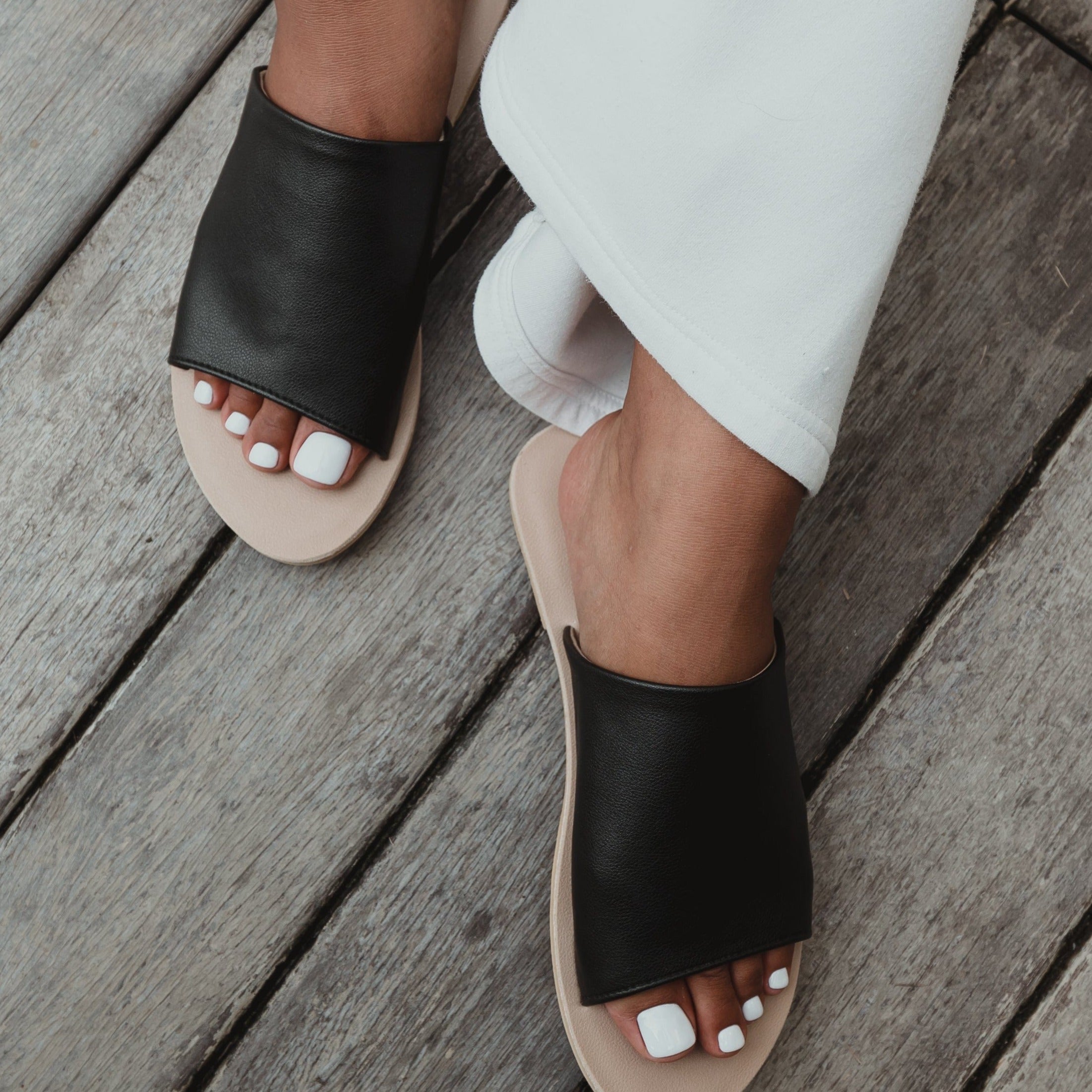 SAGE Flat Slides in Black faux leather Mindful Steps Boutique